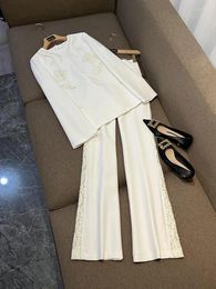 Women's Two Piece Pants HIGH QUALITY Designer White Outfits Set Lace Embroidered Patchwork Flared Sleeve Top Casual For Women