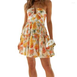 Casual Dresses Women's Summer Flowy Tiered Mini Dress Beach Style Sleeveless Halter Neck Tie-up Ruffled A-Line Party Vacation