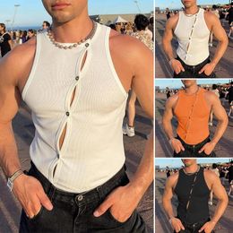 Men's Tank Tops 2024 Fashion Men Elastic Tight Irregular Button Cardigan T Shirts Summer Casual Muscle Sexy Mens Vest Sleeveless Tee