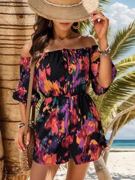 Summer fashion printed one shoulder strapless jumpsuit shorts for womens high waisted ruffle sleeves leisure vacation 240424