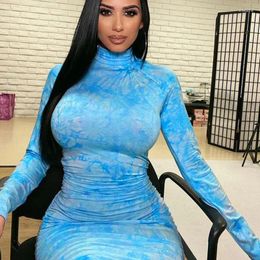 Casual Dresses Blue Printed Long Sleeve Pleated T-shirt Dress Women's 2024 Turtleneck Tight Sexy Skirts Drop Wholesale No.901