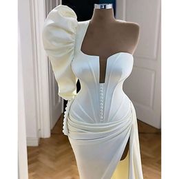 Um vestido de cetim baest árabe ombro de manga longa vestidos de noite lateral vestido de festa robusta corset mulheres especiais OCN Use personalizado feito sob medida