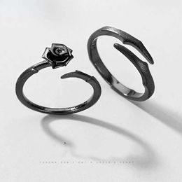 Band Rings S925 Sterling Silver Thorn Rose Simple Adjustable Black Ring Set Suitable for Women and Men Couples Jewellery Valentines Day Gift Q240427