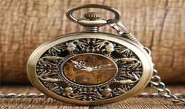 Steampunk Bronze Hollow Out Cute Little Goldfish Cover Handwind Mechanical Pocket Watch FOB Skeleton Clock Pendant Chain to Men Wo2890815