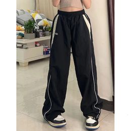 Women Spring Retro Solid Loose Drawstring Trousers Casual Joggers Baggy Wide Leg Sweatpants Mid Waist Sporty Y2k Female Clothes 240412