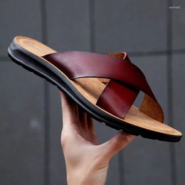 Slippers 2024 Men Are Leather Home Indoor Flat Shoes Outdoor Open Toe Beach Non-slip Casual For