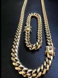 10mm Mens Miami Cuban Link Bracelet Chain Set 14k Gold Plated Stainless Steel1724792