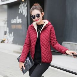 Sweatshirts Black Cheque Thick Padding Quilted Padded Hoodie Woman Coat Red Plush Jackets for Women Winter Korean Reviews Many Clothes Modern