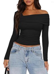 Women's T Shirts Women S Long Sleeve Tops Tight Fitted One Off Shoulder Shirt Asymmetrical Neck Ruched Crop