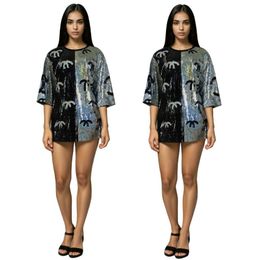 Summer new designer Women's T-shirts dress Tees Luxury brand short sleeved sexy sparkling heavy industry sequin loose T-Shirt dress fit 100-170 lb W0048