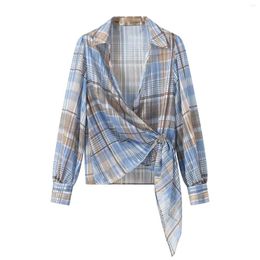 Women's Blouses Women 2024 Fashion Asymmetric Plaid Casual Long Sleeve Shirt Chic V-Neck Knot Versatile Top Mujer