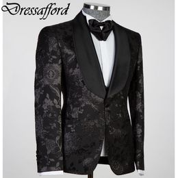 Black Floral Jacquard Weave Men Suits Two Pieces Formal Party Blazer Groom Wear ( Jacket + Pants )