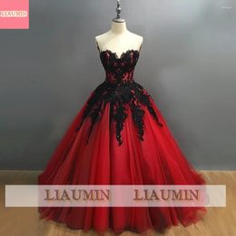 Party Dresses Black Lace Applique Tulle Floor Length Up Back Strapless Ball Gown Evening Dress Brithday Formal Prom Princess Skirt W13-30