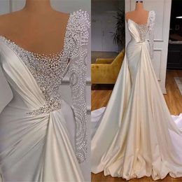 Dresses Mermaid Wedding Sexy White Illusion Pearls Beadings One Shoulder Satin Long Sleeve Plus Size Bridal Gowns Vestidos De Novia Bes121