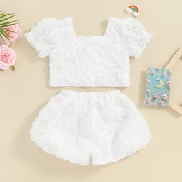 Clothing Sets Fashion Little Girls Clothes 2pcs 3D Rose Flower Short Puff Sleeve Square Neck Tops Elastic Shorts