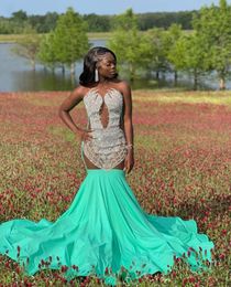 Fruit Green Sparkly Mermaid Long Prom Ceremony Dresses for Black Girl 2024 Luxury Diamond Sheer Evening Birthday Gala Dress