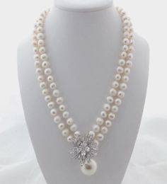 Charming 2strands 78mm white freshwater pearl necklace micro inlay zircon accessories shell pendant long 4548cm2763321