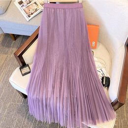 Skirts ZJYT Pleated Midi Mesh For Women Summer Fashion Korean Style Elastic Waist Black Party Skirt Casual Faldas Holiday