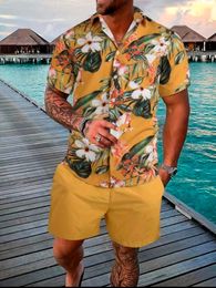 MenA Spring And Fall 2-Piece Beach-Style Short-Sleeved Button-Down Lapel T-Shirt Shorts drawstring Casual Business Sports suit 240425