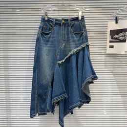 Skirts PREPOMP 2024 Summer Collection Ripped Ruched Patchwork Denim Blue Irregular Skirt Women GP772