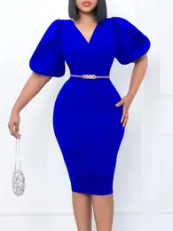 Plus Size Dresses Summer Bubble Sleeves V-Neck Style Commuting Bag Hip Paired With Belt Slim Fit Dress Women'S