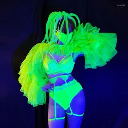 Stage Wear Nightclub Fluorescent Green Dance Costume Sexy Lace Bikini Pole Clothes Rave Outfit LED Headwear Gogo Dancewear 5279