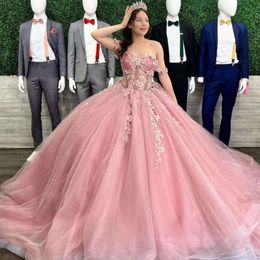 Çiçek Tatlım Pembe Quinceanera Tozlu Elbiseler 3D Çiçek Aplikler Kolsuz Boncuk Balo Elbise Omuz Kapalı 15 Balo Kuşkusuz Elbise Tatlı 16 Kız Parti Giyim