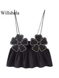 Camis Willshela Women Fashion Floral Black Backless Lace Up Cropped Tops Vintage Thin Straps Pleated Female Chic Lady Crop Top