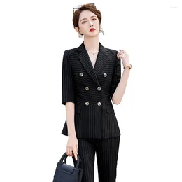 Women's Two Piece Pants Black Striped Suit Sets Blazer And Trousers Female Business Outfit Spring Summer 2024 2 Pieces