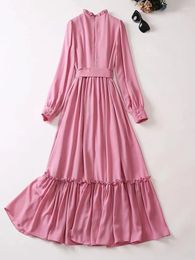 Casual Dresses Runway Autumn Long For Women 2024 Elegant Pink Maxi Holiday Vestidos Full Sleeve Party Aline Robe Femmes XXL