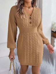 Casual Dresses Elegant Autumn Women's Sweater Dress Button V-Neck Fried Dough Twists Lantern Sleeve Hip Wrap Office Ladies Knitwear Robe