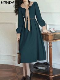 Casual Dresses VONDA Dress 2024 Elegant Party Lapel Collar Bow Knot Long Sleeve Sundress Women Loose Solid Color Pleated Vestido