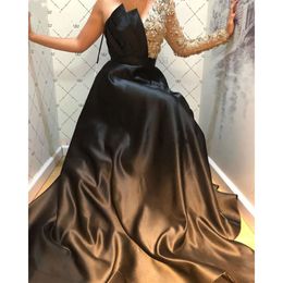 Black And Gold One Charming Shoulder Evening Dresses Single Long Sleeve Beaded Front Slit A-Line Vestidos Formales Dubai Arabic Formal Party Gowns Prom Dress