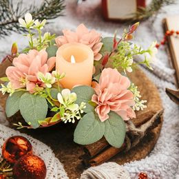 Candle Holders Artificial Dahlia Garland Ring Column Holder Green Leaf Flower Home Wedding Party Table Decorations
