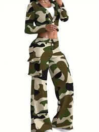Camouflage Printed Casual Set Fashionable Sexy Short Top Pants Twopiece Womens Sports Suit Outdoor Clothing 240412