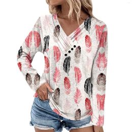 Women's T Shirts Women Autumn Winter Fashion V Neck Pleated Feather Print Long Sleeve T-Shirt Casual Button Top High Elastic Soft Ropa De