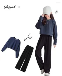 Clothing Sets Spring Autumn Girls Cotton Plain Crop Navy Sweatshirt Black Loose Pant School Kid Tracksuit Child Outfit 2PCS Workout Set