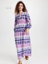 Casual Dresses Jastie Purple Floral Print For Women 2024 Autumn Long Sleeve V-neck Maxi Dress Seaside Holiday Beach Bohemian Vestidos