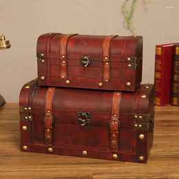 Jewellery Pouches European Retro Wooden Box Red Leather Vintage Treasure Chest Storage Pography Props Home Decoration