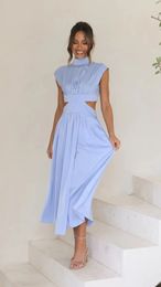 Sleeveless Women Summer Dresses Maxi Boutique Ruffle Sun Solid Color Vintage Casual Natural 240419
