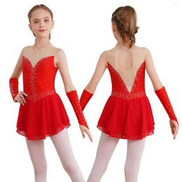 Stage Wear Girls Figure Ice Skating Dress Lyrical Dance Ballet Gymnastics Leotard Tutu Rhinestone Performance Dancewear With Gloves