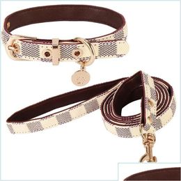 Dog Collars Leashes Designer Leather Collar And Leash Set Adjustable Basic Cheque Pattern Durable Harness With Metal Buckle Suitabl Dro Ota9X