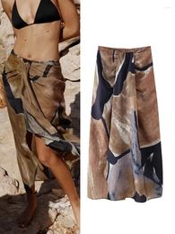 Skirts Fashion Printing Long For Women Summer High Waist Hip Package Midi Skirt Female Front Split A-Line Lady Chic Beachwear