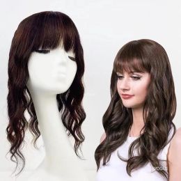 Bangs Russian Virgin Human Hair Topper with Fringe Silk Base Skin Scalp Toupee Brown Pony Fine Hair Pieces 4D Women Bangs Body Wave