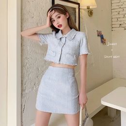 Elegant Summer Tweed Skirt Suit Fashion Women Sexy Short Sleeve SingleBreasted Crop Top Mini Set Two Piece Outfits 240417
