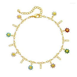 Anklets Minar Bohemia Candy Colour Enamel Daisies Flower Tassel Charm Bracelets For Women 18K Real Gold Plated Brass Beach Accessories