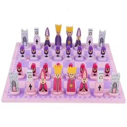 Wooden International Chess Game Set With Funny King And Queen Chessman Board Educational Toys Gift For Kids Adults Purple Pink 240415