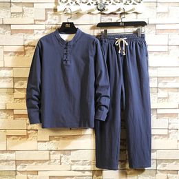 Arrival Mens Cotton and Linen Long Sleeve TshirtPant Set Solid ShirtTrousers Home Suits Male 4 Colours Size M5XL 8006 240420