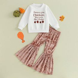 Clothing Sets Toddler Girl Fall Clothes Letter Print Long Sleeve Round Neck Sweatshirt Velvet Solid Colour Flare Pants Outfit