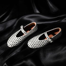cowhide versionrunway style full diamond flat bottomed ballet shoes for womens internet celebrity round toe with mary jane single shoes